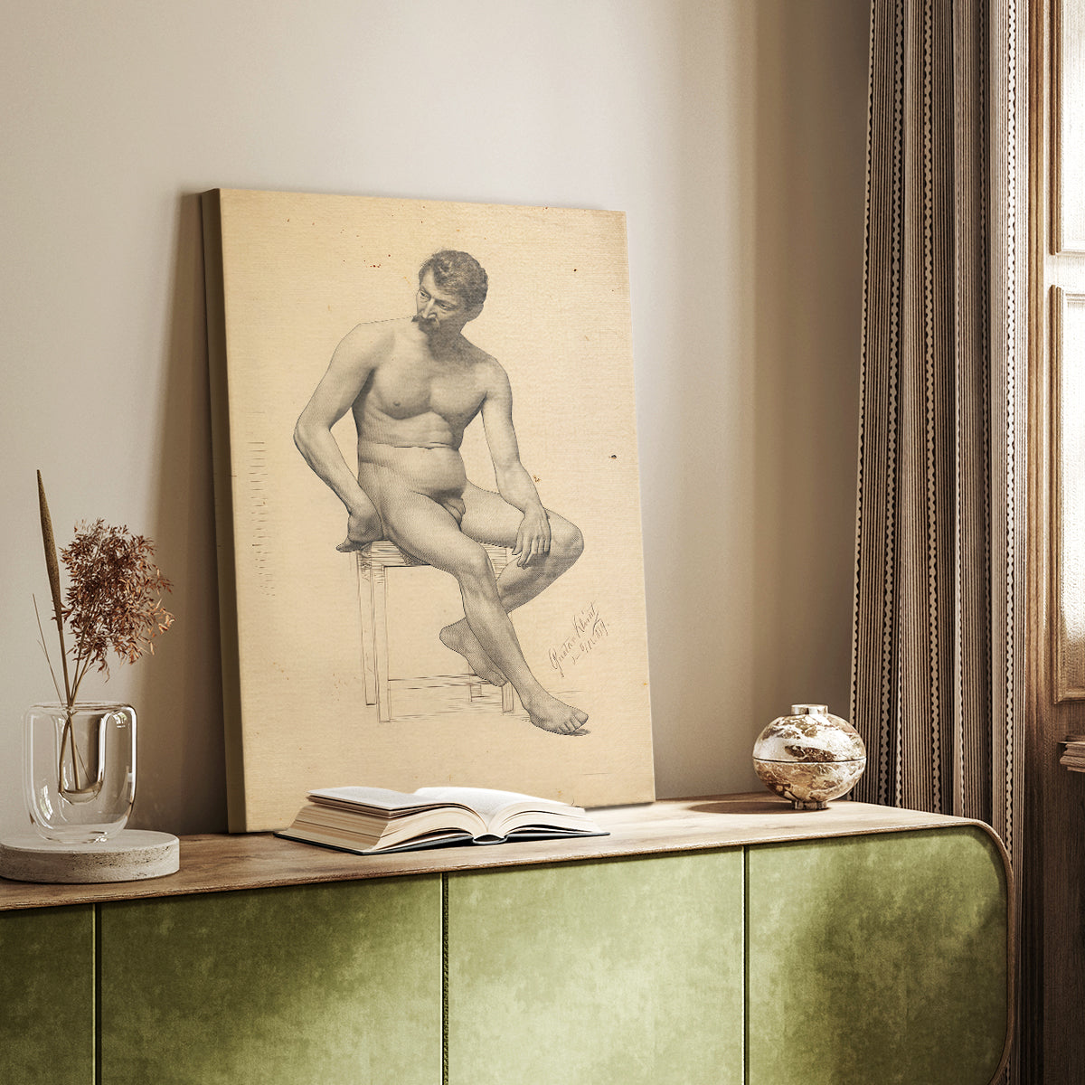 Canvas art print of a relaxed figure pose with minimal lines and gentle detail styled in a home decor setting.