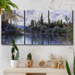 Three-panel canvas wall art featuring quiet river bend near village, displayed in a boho-chic entryway above a console table.