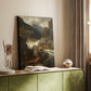 Canvas art print of a dramatic natural scene with rushing water and rocky forms styled in a home decor setting.