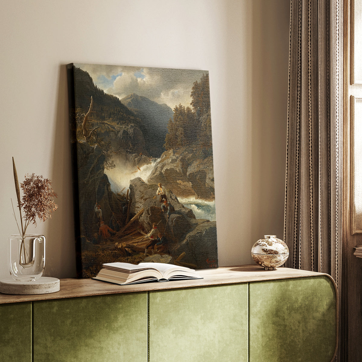 Canvas art print of a dramatic natural scene with rushing water and rocky forms styled in a home decor setting.