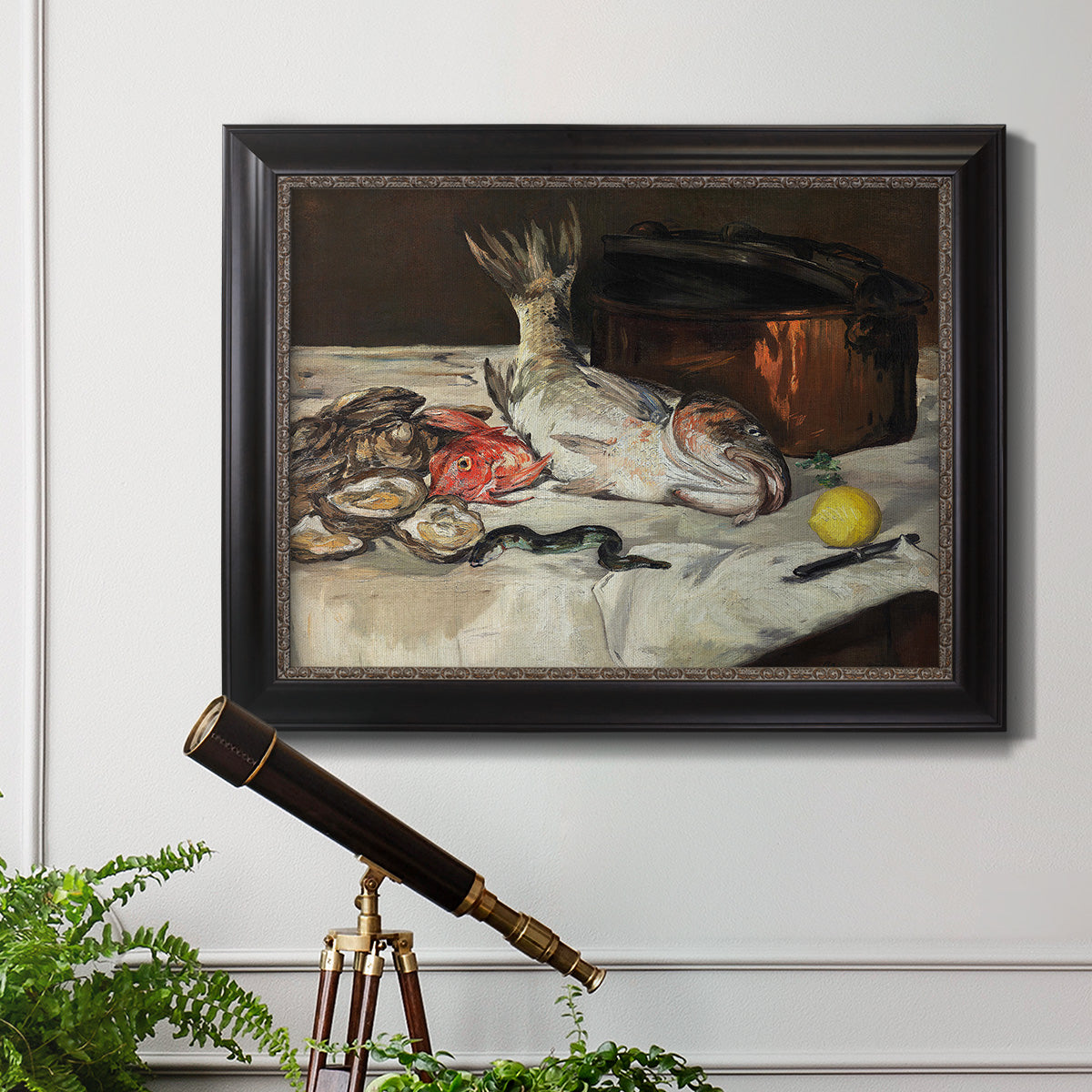 Impressionist still life painting of fish by Édouard Manet in an ornate black frame with gilded inner detail displayed in a light-toned interior setting.