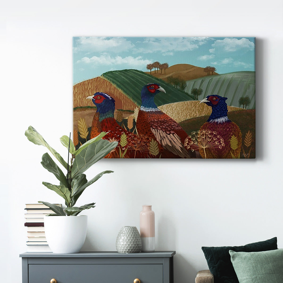 Pheasant Trio in Field Premium Gallery Wrapped Canvas - Ready to Hang