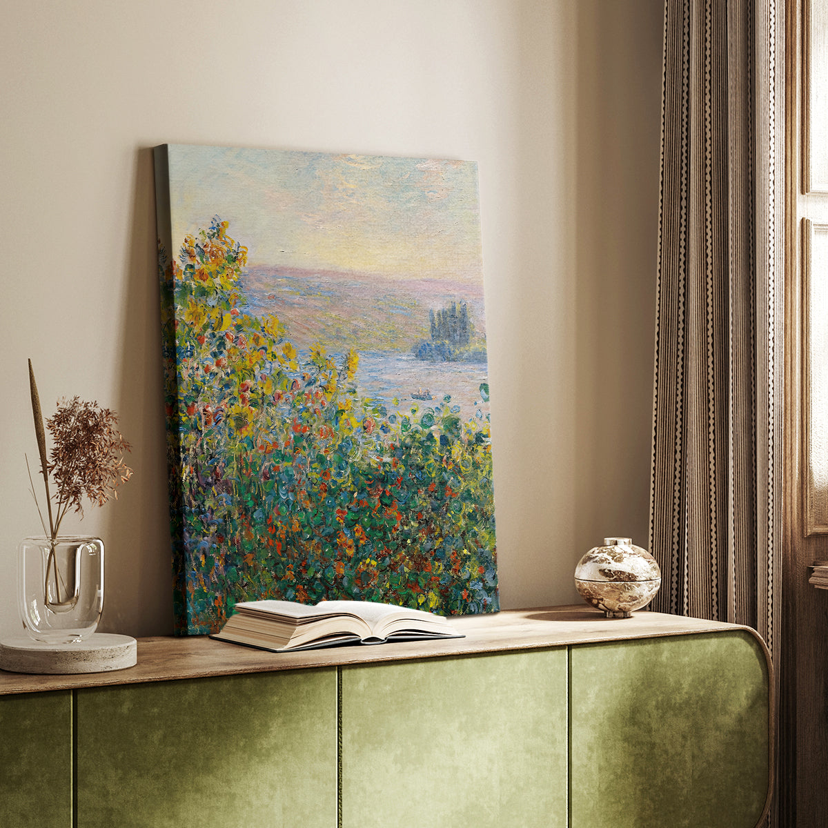 Canvas art print of a vibrant floral landscape with dense plant life and soft light styled in a home decor setting.