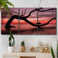 Three-panel canvas wall art featuring sunset beach photography, displayed in a boho-chic entryway above a console table.