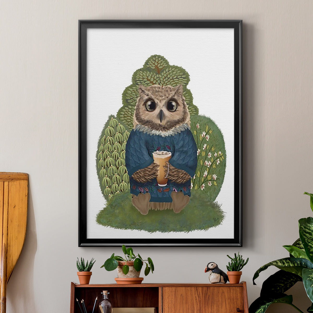 Latte Owl in Sweater - Modern Framed Canvas Print