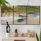 Three-panel canvas wall art featuring minimal abstract water reflections, displayed in a boho-chic entryway above a console table.