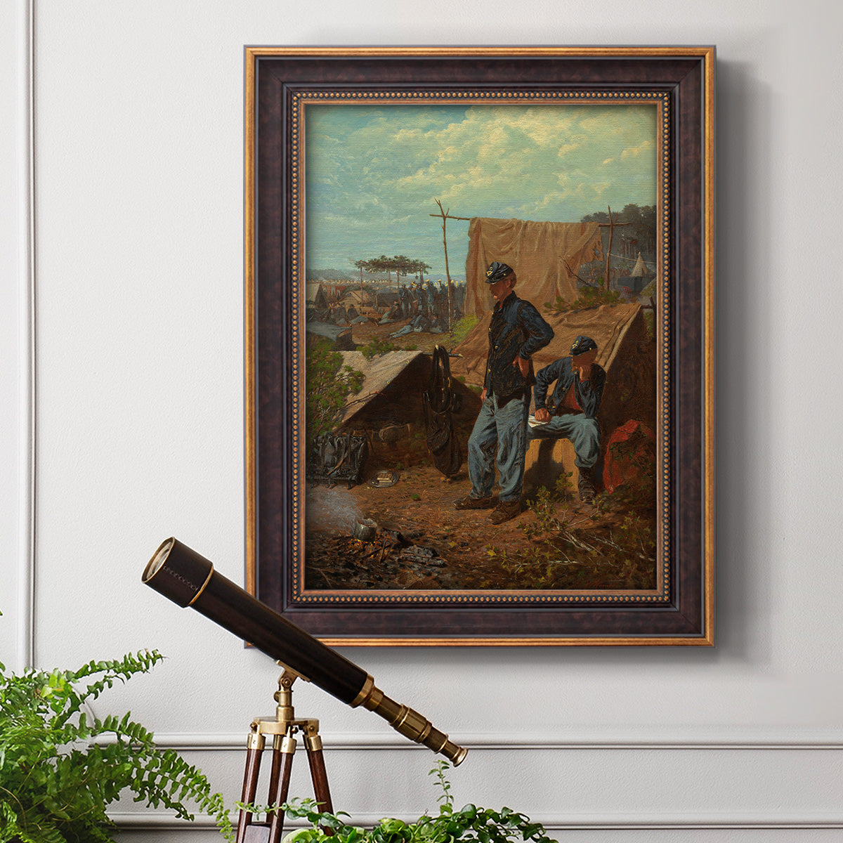 American genre scene of domestic life by Winslow Homer in an ornate bronzed mahogany wood frame displayed in a light-toned interior setting.
