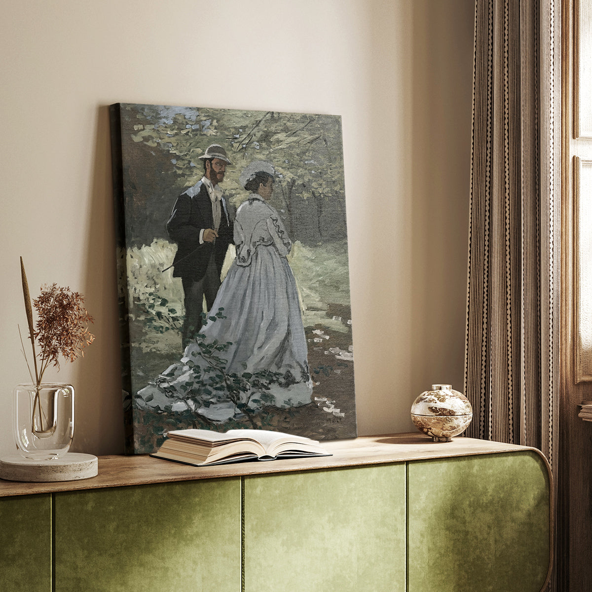 Canvas art print of a double portrait with soft light and natural surroundings styled in a home decor setting.