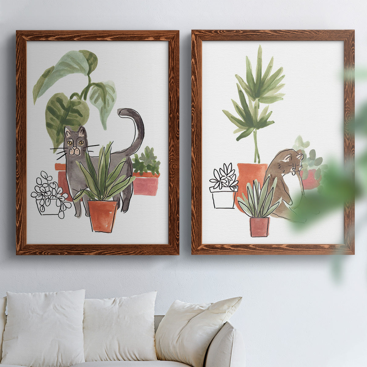 Purrfect Plants I - Premium Framed Canvas 2 Piece Set - Ready to Hang