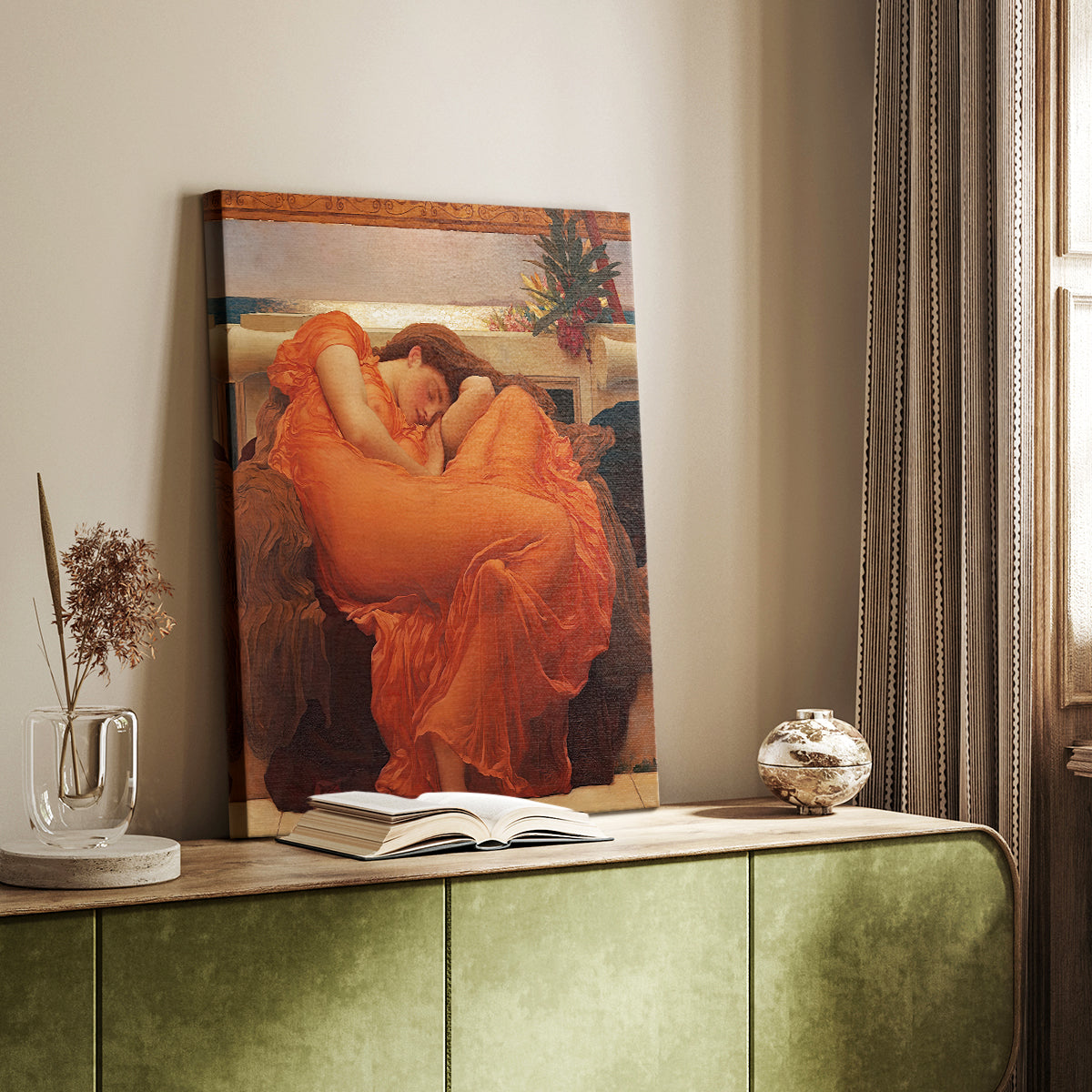 Canvas art print of a reclining figure wrapped in vibrant drapery with warm tones styled in a home decor setting.