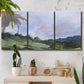Three-panel canvas wall art featuring wide open pastoral horizon landscape, displayed in a boho-chic entryway above a console table.