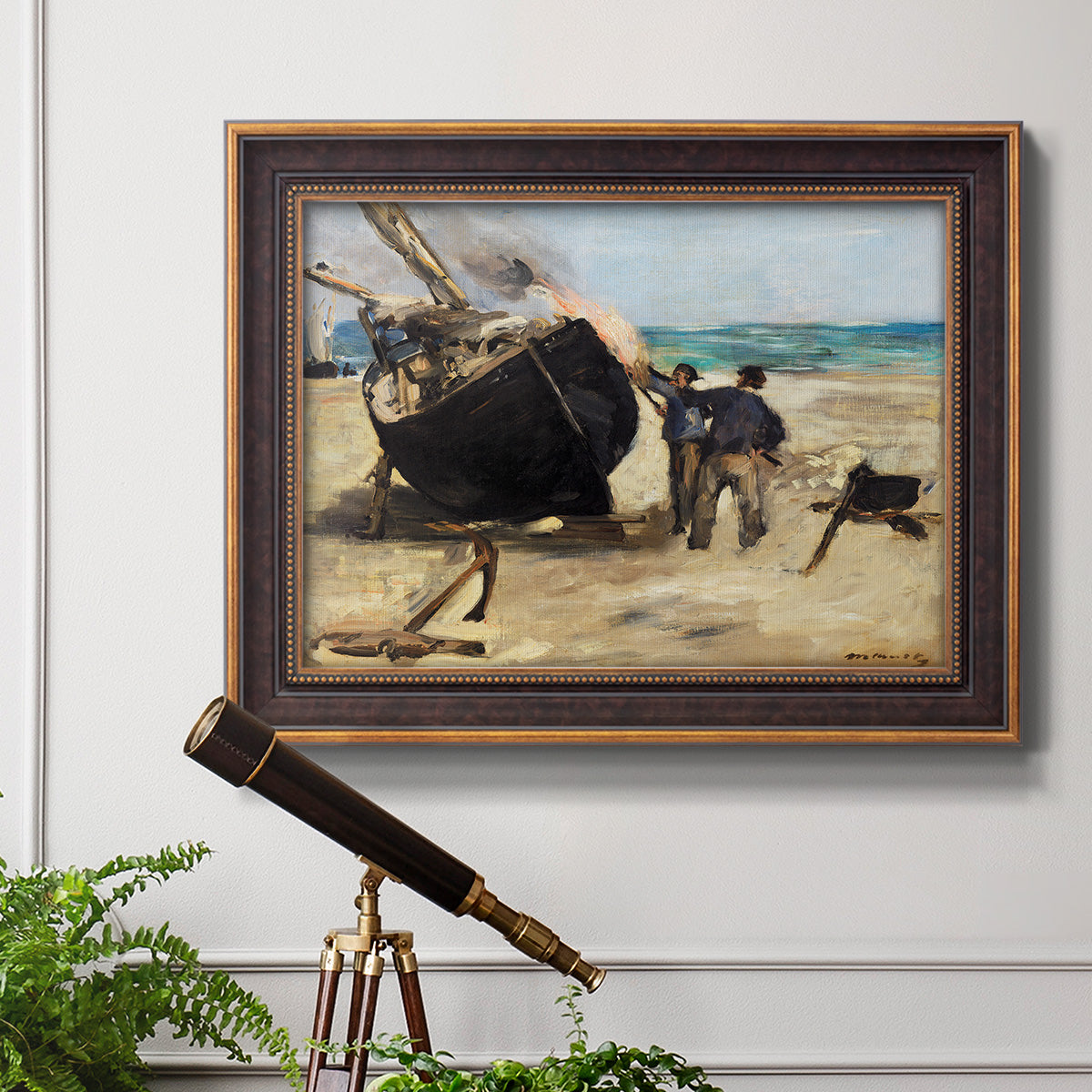 Impressionist nautical work scene by Édouard Manet in an ornate bronzed mahogany wood frame displayed in a light-toned interior setting.