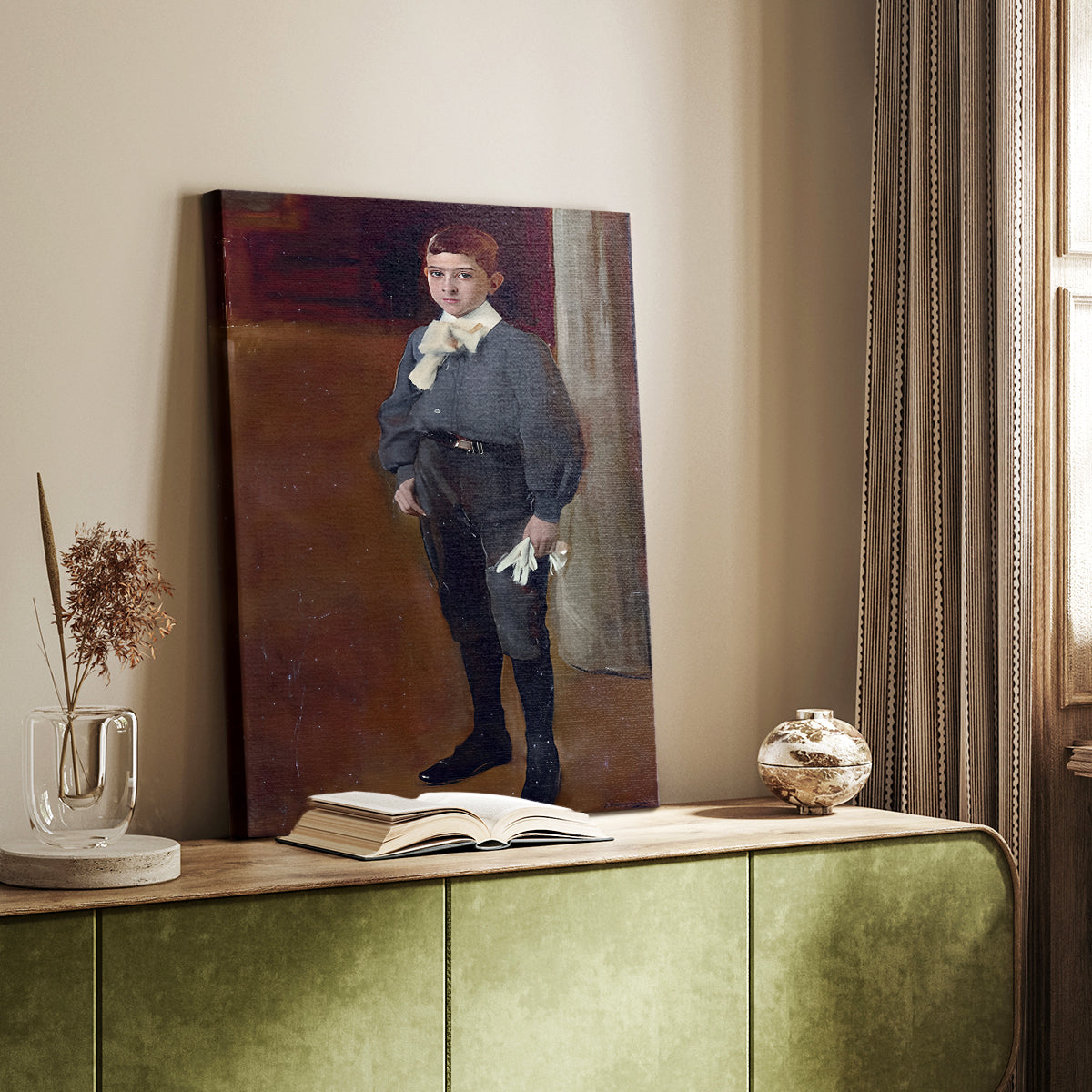 Canvas art print of a gentle child figure with simple background and calm expression styled in a home decor setting.
