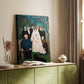 Canvas art print of a formal gathering of figures in a lush garden setting styled in a home decor setting.