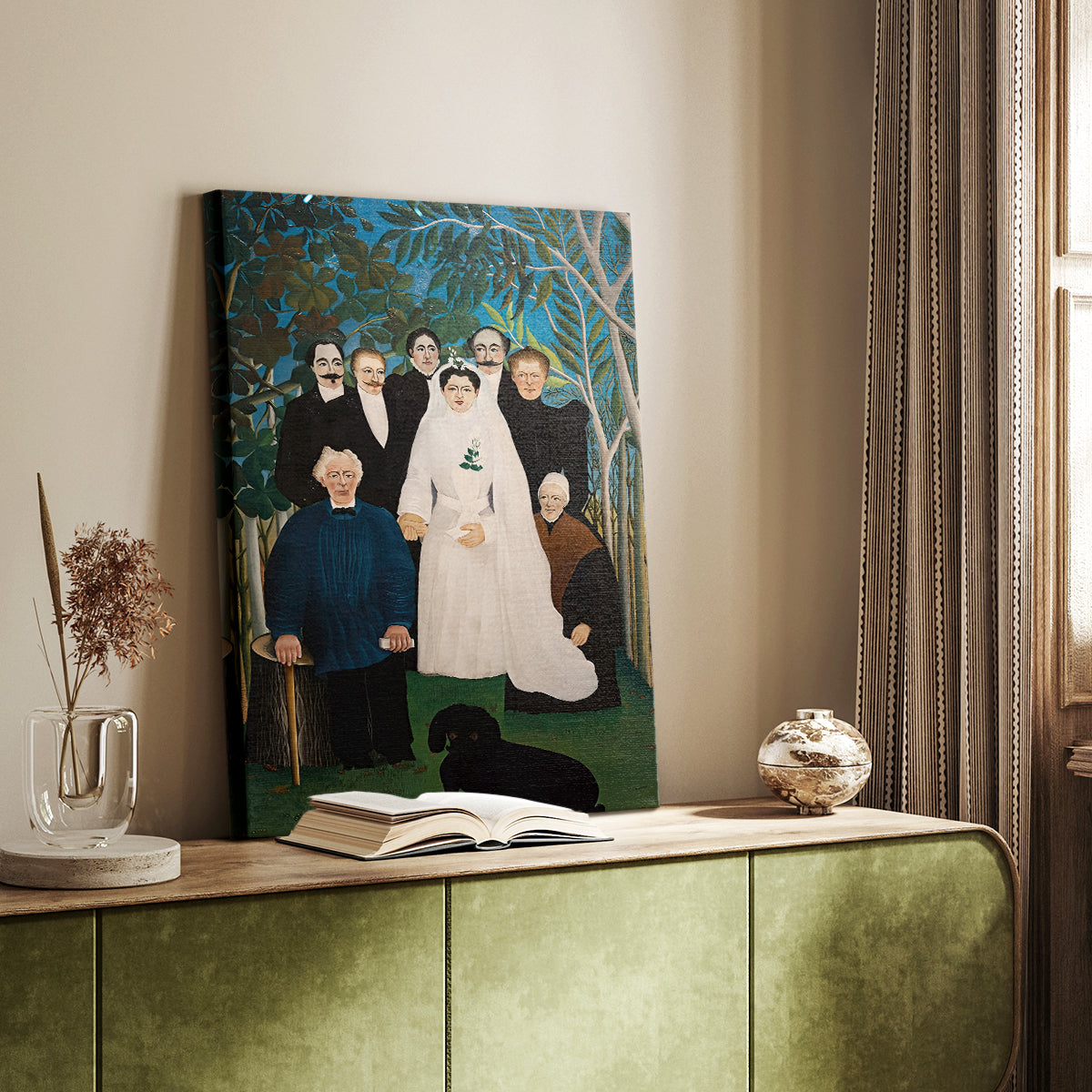 Canvas art print of a formal gathering of figures in a lush garden setting styled in a home decor setting.