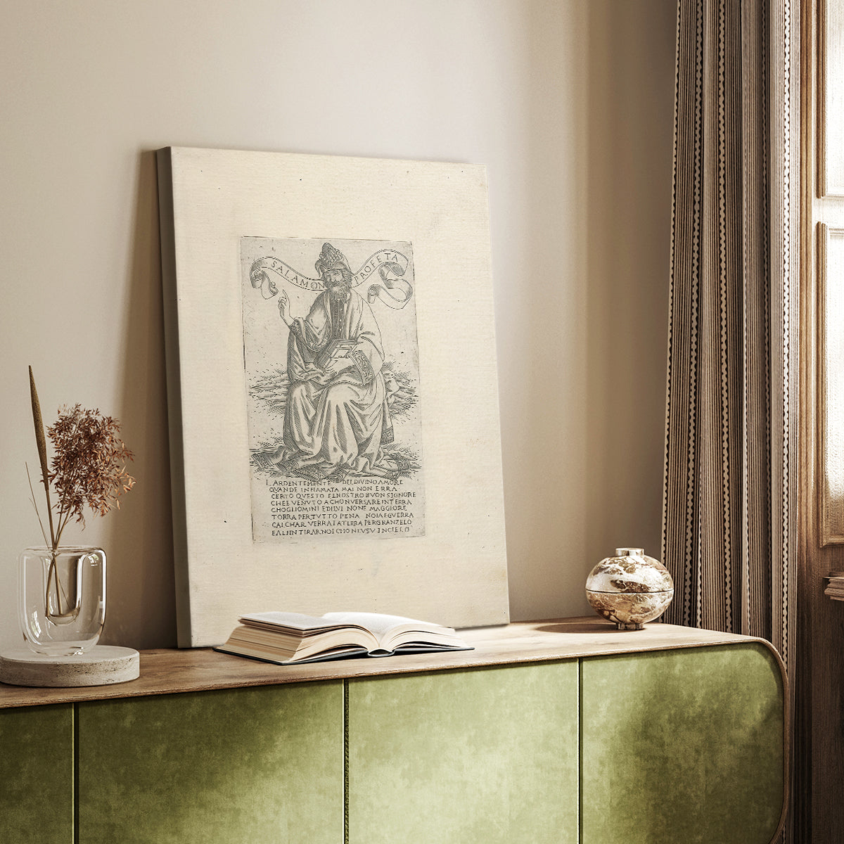 Canvas art print of a classical figure with balanced pose and etched texture styled in a home decor setting.