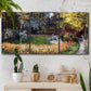 Three-panel canvas wall art featuring garden in full bloom by coast, displayed in a boho-chic entryway above a console table.