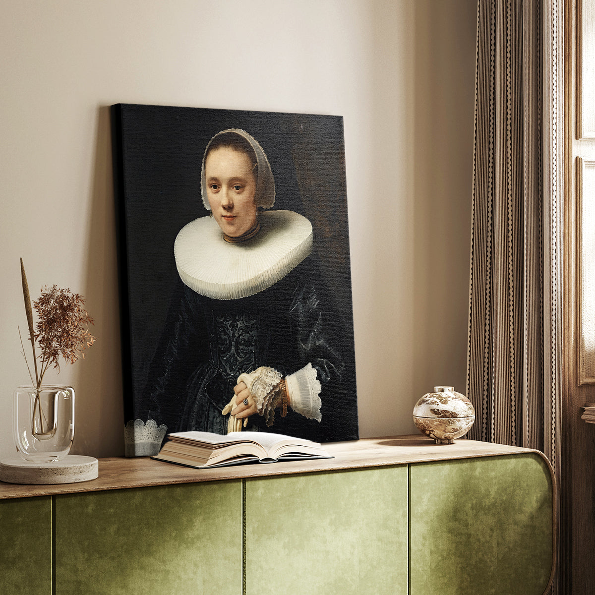 Canvas art print of a refined figure with elegant gesture and smooth tones styled in a home decor setting.