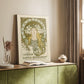 Canvas art print of a stylized actress tribute with decorative patterns and soft tones styled in a home decor setting.