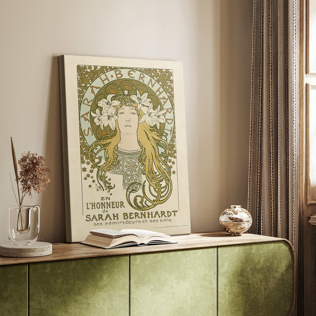 Canvas art print of a stylized actress tribute with decorative patterns and soft tones styled in a home decor setting.