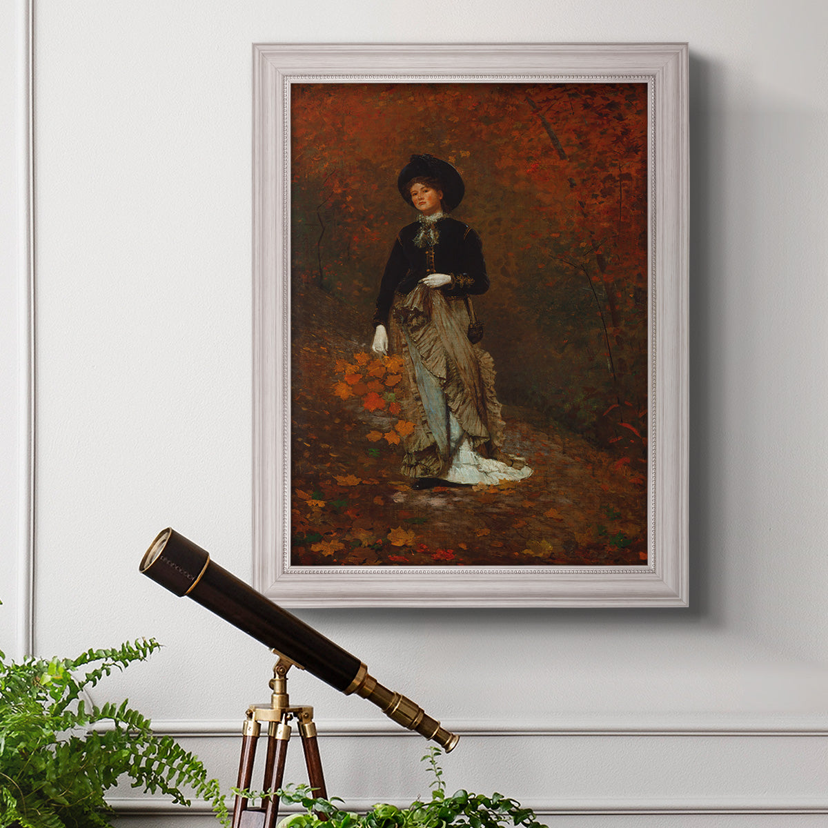 Realist autumn portrait scene by Winslow Homer in an ornate weathered white frame displayed in a light-toned interior setting.