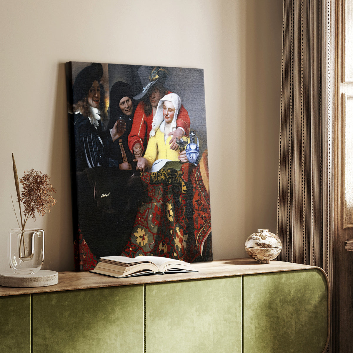 Canvas art print of a dramatic composition with multiple figures and contrast styled in a home decor setting.