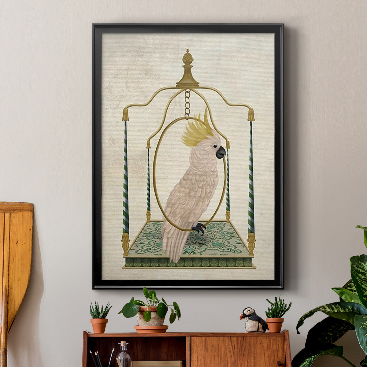 White Cockatoo on Swing - Modern Framed Canvas Print