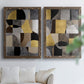 Set of two walnut barnwood framed canvas prints depicting semicircles, rectangles, textured panels, and metallic-looking accents arranged across two complementary compositions above a sofa in a bright living space.