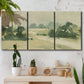 Three-panel canvas wall art featuring pasture landscape in soft watercolor, displayed in a boho-chic entryway above a console table.