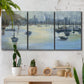 Three-panel canvas wall art featuring anchored boats near shoreline, displayed in a boho-chic entryway above a console table.