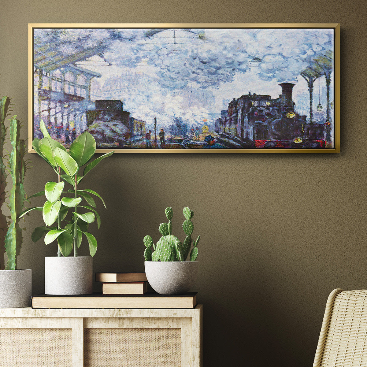 Saint Lazare Station in Paris, Arrival of a Train - Floater Framed Canvas Print