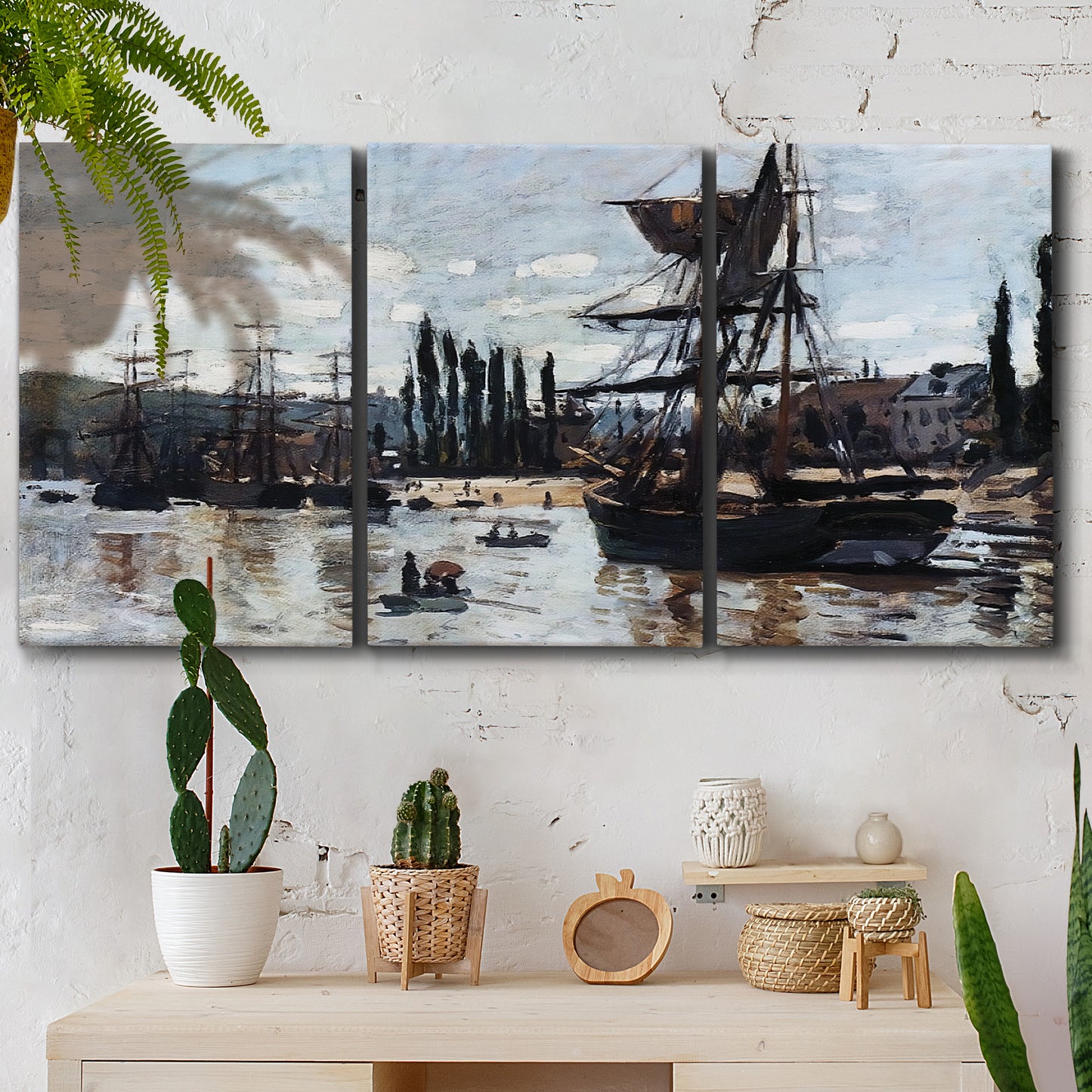 Three-panel canvas wall art featuring harbor scene with boats and quays, displayed in a boho-chic entryway above a console table.