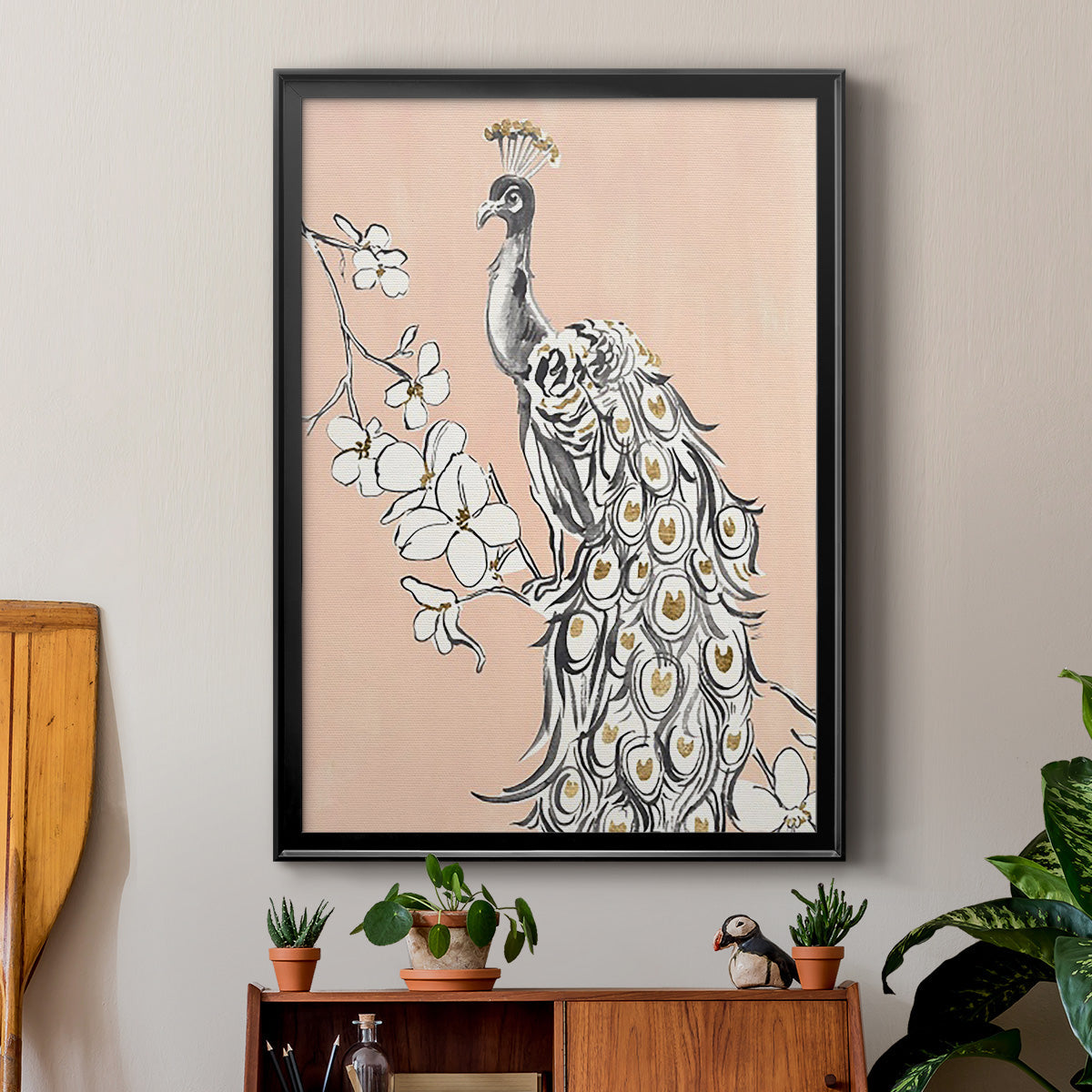 Peacock in Gold II - Modern Framed Canvas Print