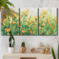 Three-panel canvas wall art featuring colorful garden flowers in bloom, displayed in a boho-chic entryway above a console table.
