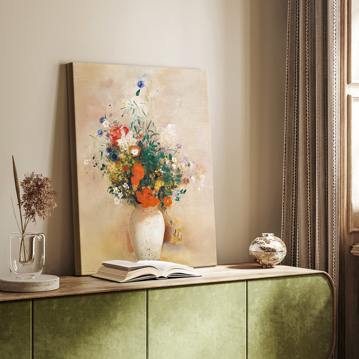 Canvas art print of a delicate arrangement with subtle tones and abstract form styled in a home decor setting.
