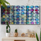Three-panel canvas wall art featuring contrasting geometric abstract variations, displayed in a boho-chic entryway above a console table.