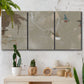 Three-panel canvas wall art featuring mid century terrazzo inspired abstraction, displayed in a boho-chic entryway above a console table.
