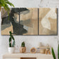 Three-panel canvas wall art featuring blurred mixed media abstract collage, displayed in a boho-chic entryway above a console table.