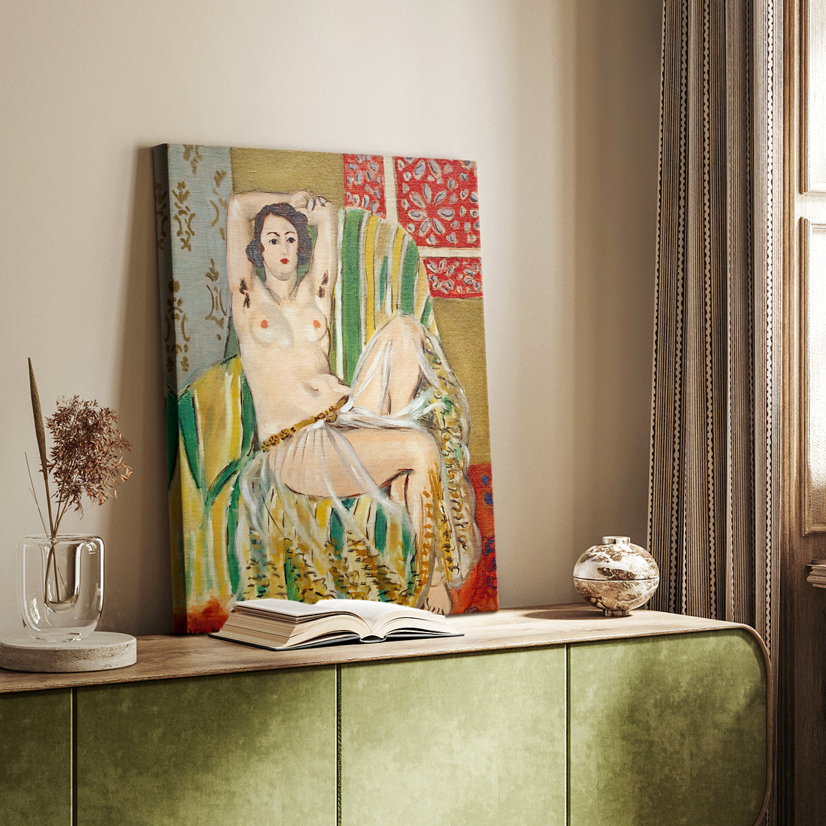 Canvas art print of a stylized figure with bold textiles and vibrant tones styled in a home decor setting.