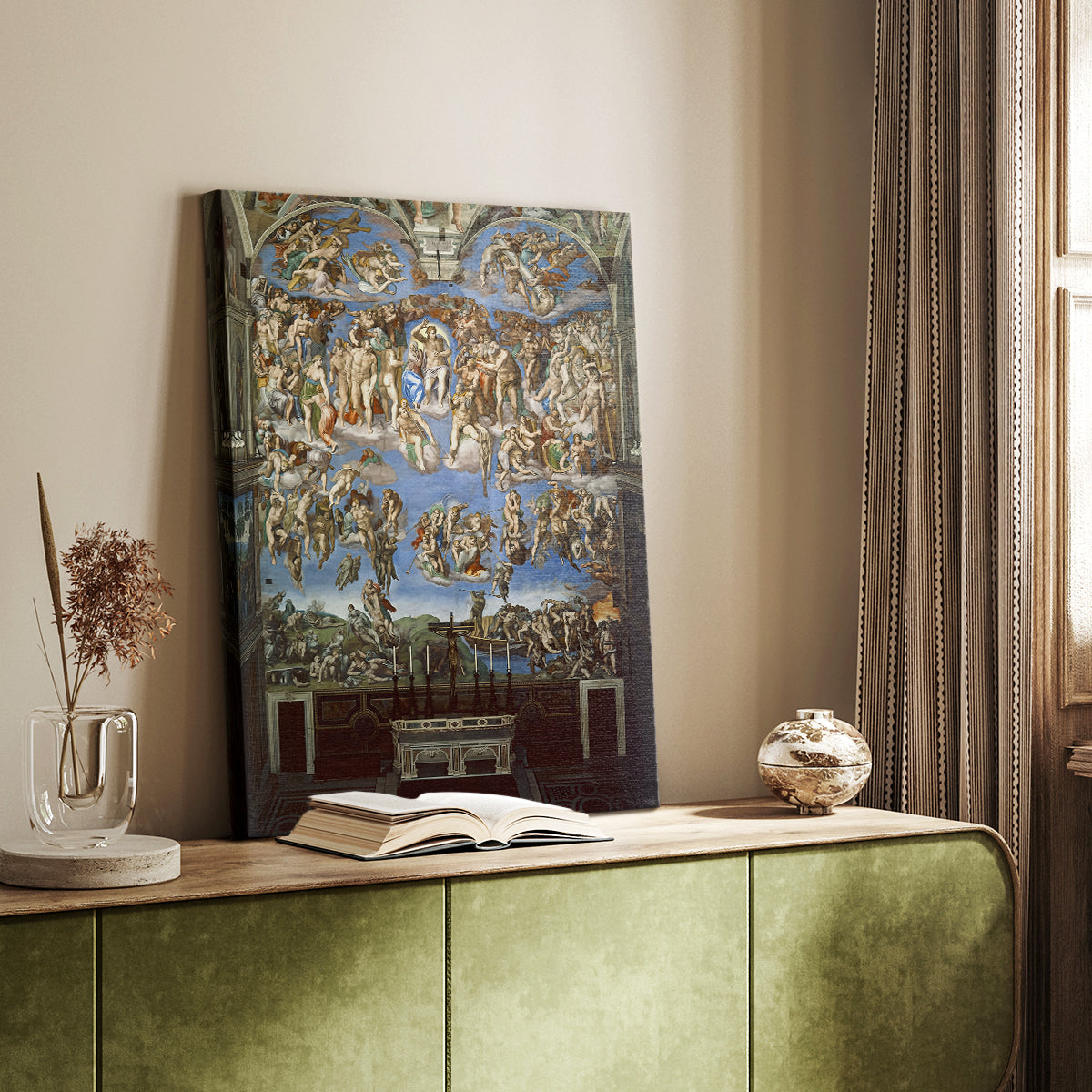 Canvas art print of a large-scale scene with layered figures and strong movement styled in a home decor setting.
