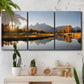 Three-panel canvas wall art featuring river canyon landscape photograph, displayed in a boho-chic entryway above a console table.