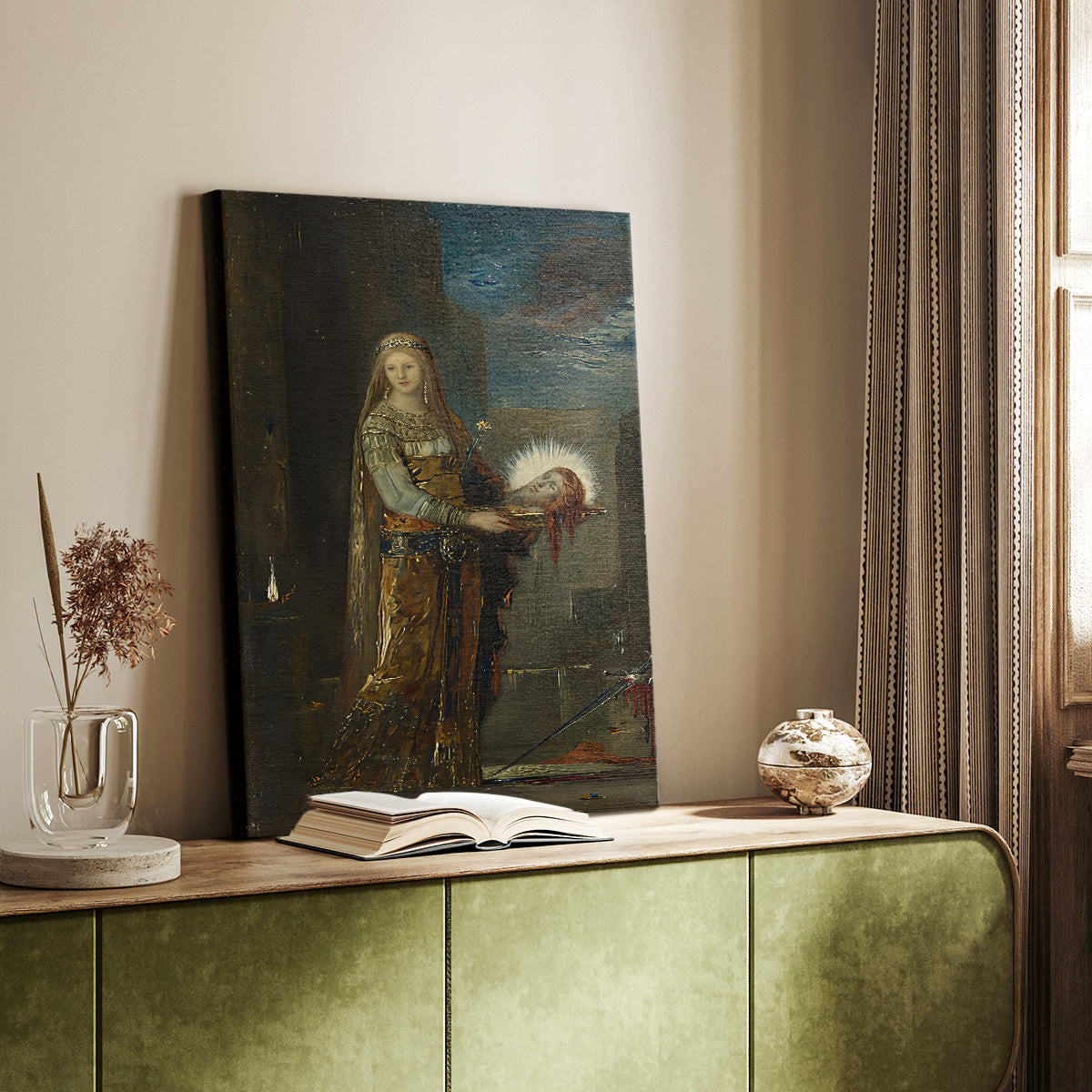 Canvas art print of a dark composition with a central figure and strong contrast styled in a home decor setting.