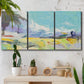 Three-panel canvas wall art featuring open landscape suggesting distant journey, displayed in a boho-chic entryway above a console table.