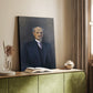 Canvas art print of a refined portrait of a man with subdued tones and composed expression styled in a home decor setting.