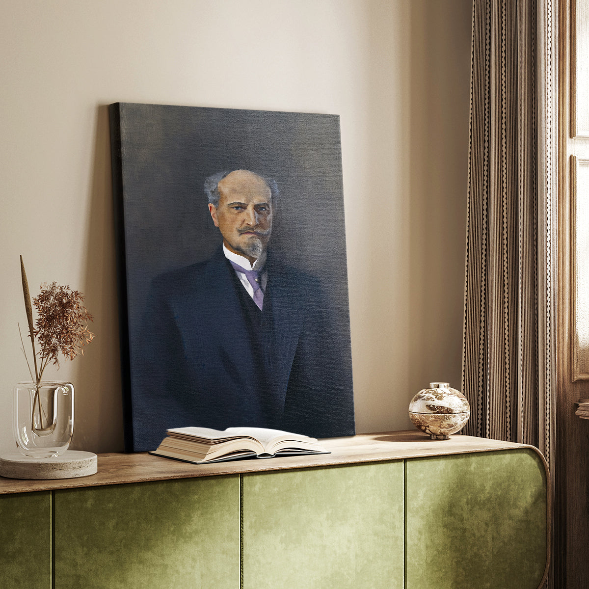 Canvas art print of a refined portrait of a man with subdued tones and composed expression styled in a home decor setting.