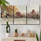 Three-panel canvas wall art featuring autumn landscape with trees and field, displayed in a boho-chic entryway above a console table.
