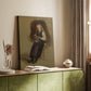 Canvas art print of a 19th-century portrait of a woman in folk costume with a dark muted background styled in a home decor setting.