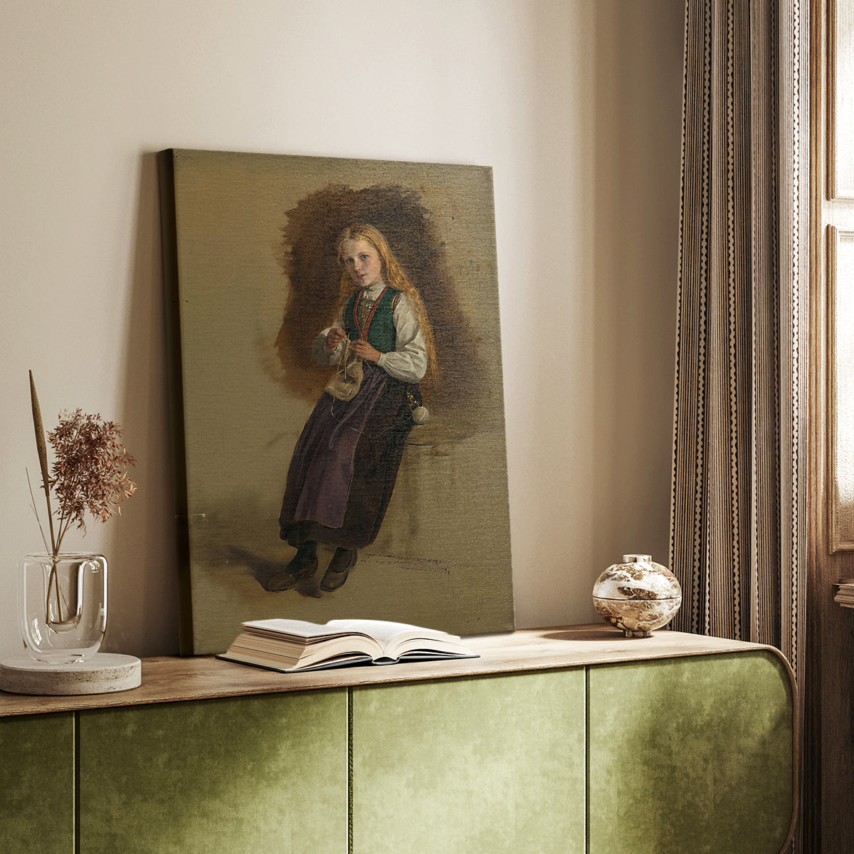 Canvas art print of a 19th-century portrait of a woman in folk costume with a dark muted background styled in a home decor setting.