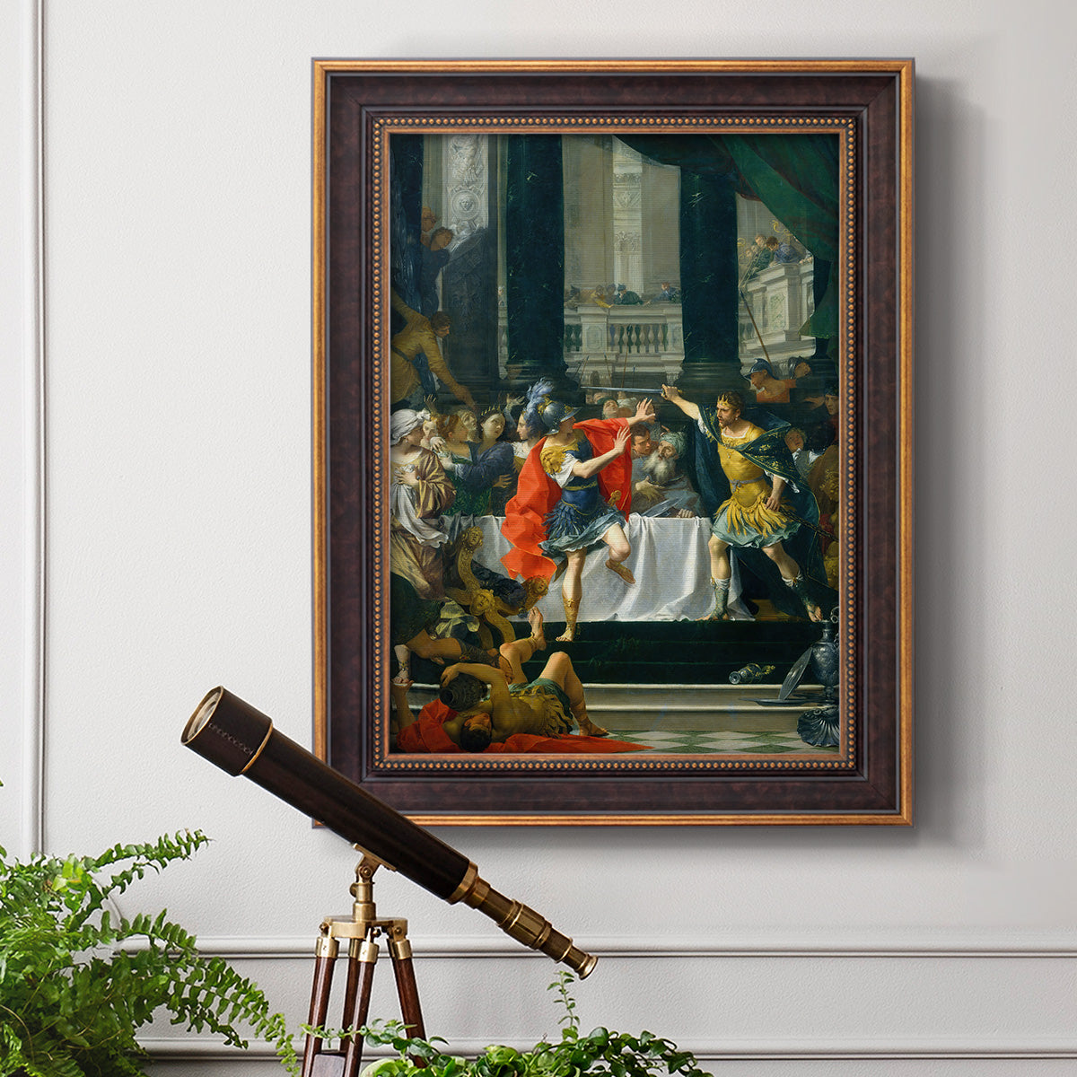Classical historical painting of Alexander the Great by Donato Creti in an ornate bronzed mahogany wood frame displayed in a light-toned interior setting.