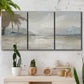 Three-panel canvas wall art featuring soft abstract horizon haze, displayed in a boho-chic entryway above a console table.